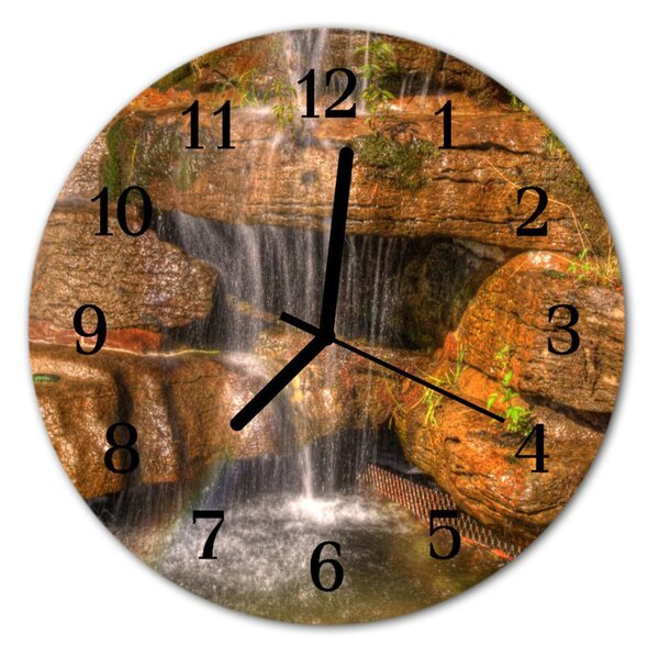 Ceas de perete din sticla rotund Cascada Peisaj Brown