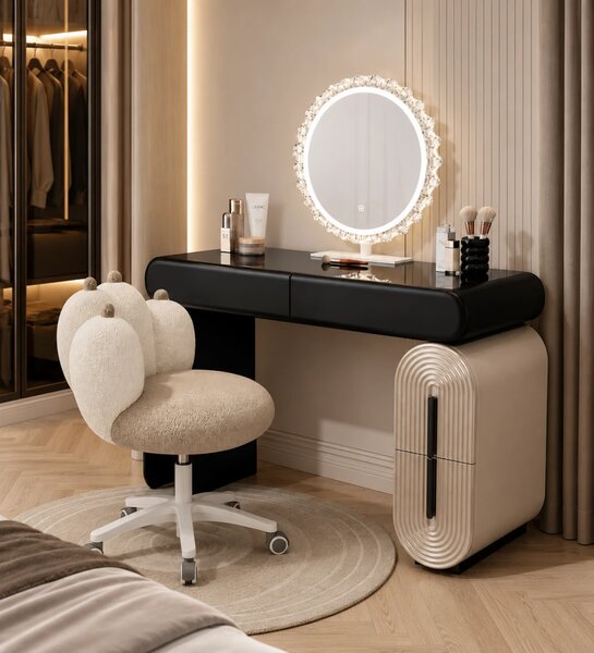 Set AURA LUXE WF606 – Masă de Toaletă pentru Machiaj, Oglindă iluminată LED, Control touch, Trei tipuri culoare, Scaun, 100 cm, Negru/Bej
