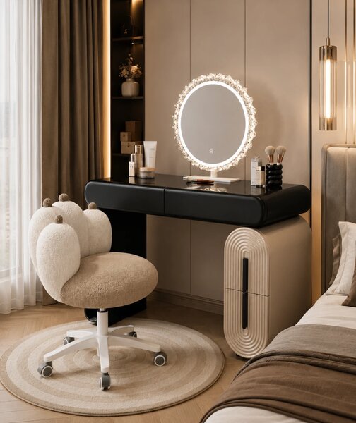 Set AURA LUXE WF606 – Masă de Toaletă pentru Machiaj, Oglindă iluminată LED, Control touch, Trei tipuri culoare, Scaun, 100 cm, Negru/Bej
