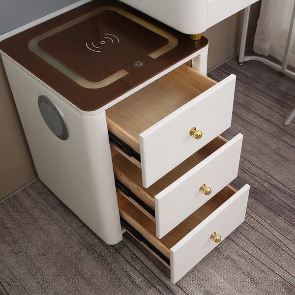 RESIGILAT- Noptieră inteligentă multifuncțională, 3 sertare, LED-uri tactile, 3 tipuri de culoare, încărcare fără fir, Difuzor Bluetooth, sticla securizata, Alb