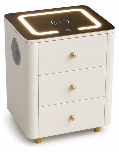 RESIGILAT- Noptieră inteligentă multifuncțională, 3 sertare, LED-uri tactile, 3 tipuri de culoare, încărcare fără fir, Difuzor Bluetooth, sticla securizata, Alb