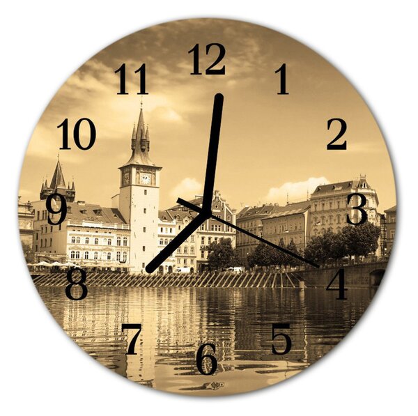 Ceas de perete din sticla rotund Lock Arhitectura Sepia