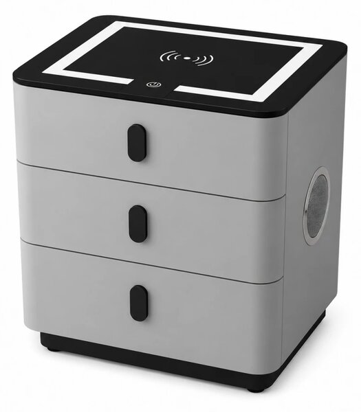 RESIGILAT- Noptieră inteligentă multifuncțională, 3 sertare, LED-uri tactile, 3 tipuri de culoare, încărcare fără fir, Difuzor Bluetooth, incarcare USB, sticla securizata, Gri