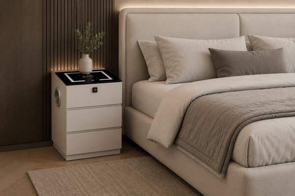 RESIGILAT- Noptieră inteligentă multifuncțională, 3 sertare, blocare cu amprentă, LED-uri tactile, 3 tipuri de culoare, încărcare fără fir, Difuzor Bluetooth, incarcare USB, sticla securizata, Alb