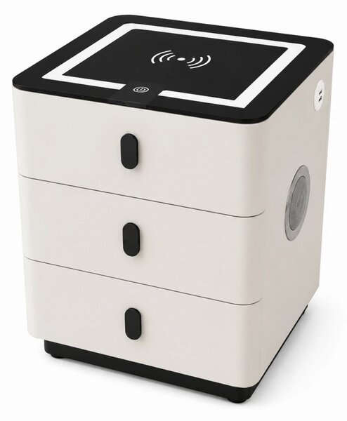 RESIGILAT- Noptieră inteligentă multifuncțională, 3 sertare, LED-uri tactile, 3 tipuri de culoare, încărcare fără fir, Difuzor Bluetooth, incarcare USB, sticla securizata, Alb