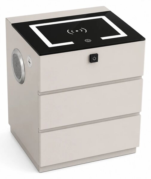 RESIGILAT- Noptieră inteligentă multifuncțională, 3 sertare, blocare cu amprentă, LED-uri tactile, 3 tipuri de culoare, încărcare fără fir, Difuzor Bluetooth, incarcare USB, sticla securizata, Alb