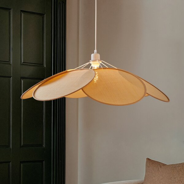 Lindby Suspensie Astraia, natural/alb, rattan, Ø 80 cm, reglabil, Bej, Camera de zi / sufragerie, Țesătură / Textil, Casă de țară / Rustic