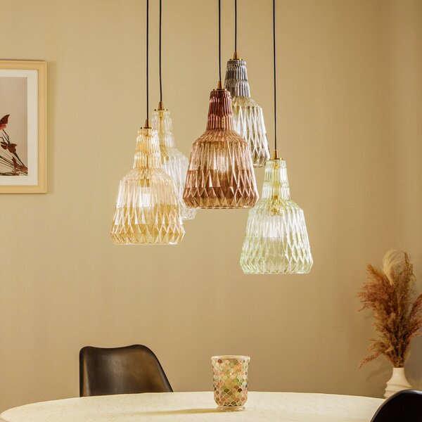 Lindby Lampă suspendată Belarion, multicoloră, 5 lumini, Ø 65 cm, reglabil, Multicolor, Camera de zi / sufragerie, Sticlă, Vintage