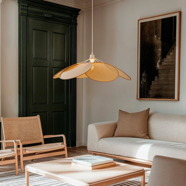 Lindby Suspensie Astraia, natural/alb, rattan, Ø 80 cm, reglabil, Bej, Camera de zi / sufragerie, Țesătură / Textil, Casă de țară / Rustic