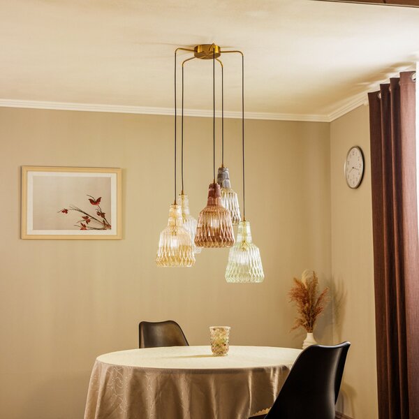 Lindby Lampă suspendată Belarion, multicoloră, 5 lumini, Ø 65 cm, reglabil, Multicolor, Camera de zi / sufragerie, Sticlă, Vintage