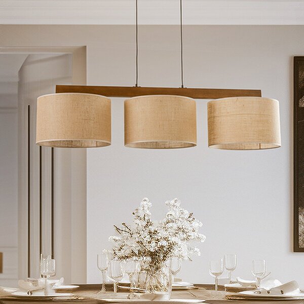 TK Lighting Lampă suspendată Juta, 3 becuri, bară, reglabil, Bej, Camera de zi / sufragerie, Țesătură / Textil