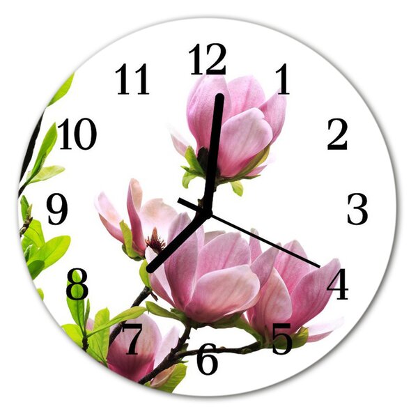 Ceas de perete din sticla rotund Magnolia Blossom Flori și plante roz