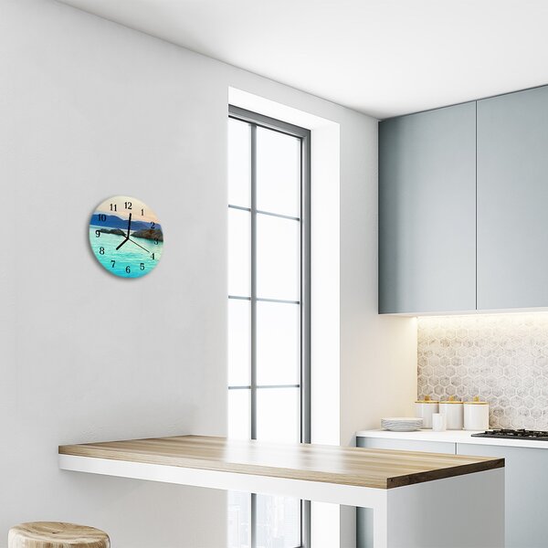 Ceas de perete din sticla rotund Sea Island Peisaj albastru