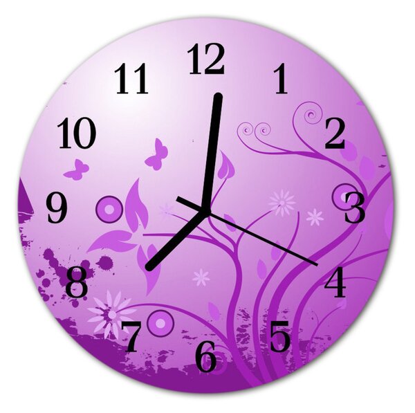 Ceas de perete din sticla rotund Flori Art Flori & Plante Purple