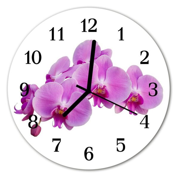 Ceas de perete din sticla rotund Orchid Flori și plante roz