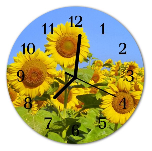 Ceas de perete din sticla rotund Sunflowers Flori & Plante Yellow