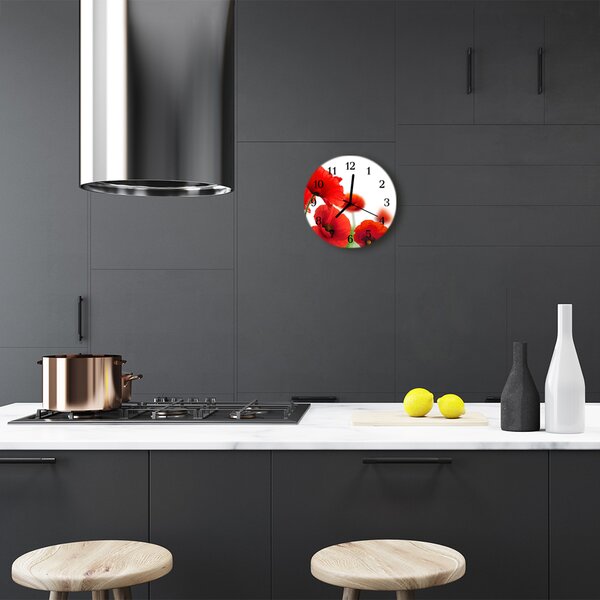 Ceas de perete din sticla rotund Maci Flori & Plante Red