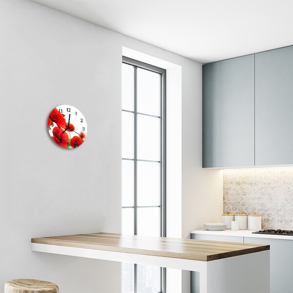 Ceas de perete din sticla rotund Maci Flori & Plante Red