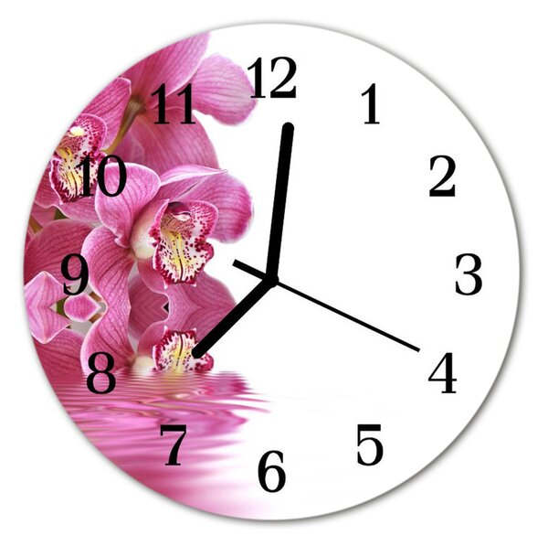 Ceas de perete din sticla rotund Orchid Flori și plante roz