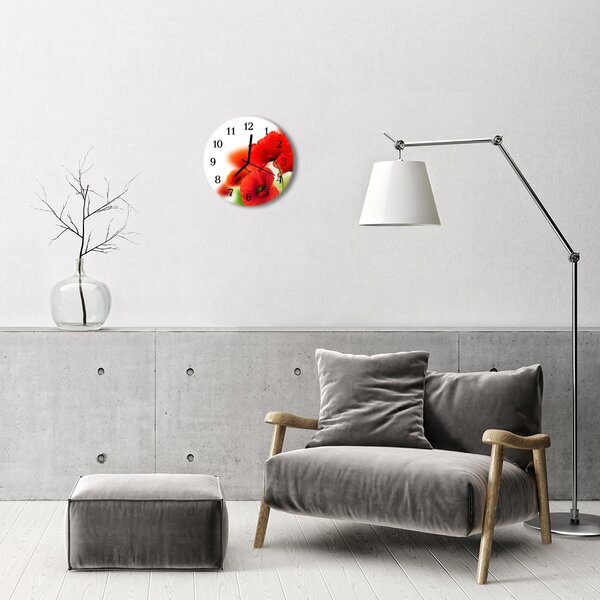 Ceas de perete din sticla rotund Maci Flori & Plante Red