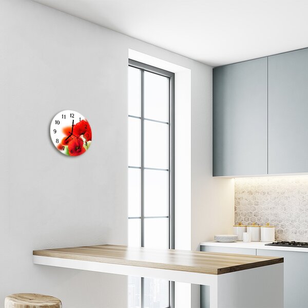 Ceas de perete din sticla rotund Maci Flori & Plante Red