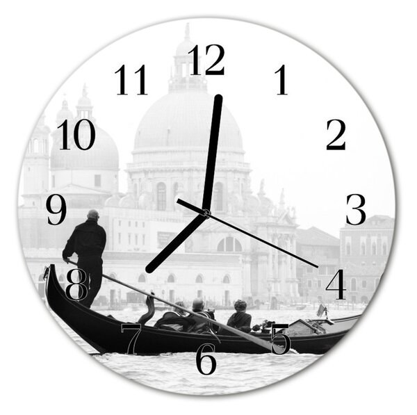 Ceas de perete din sticla rotund Veneția barca orașului Black & White