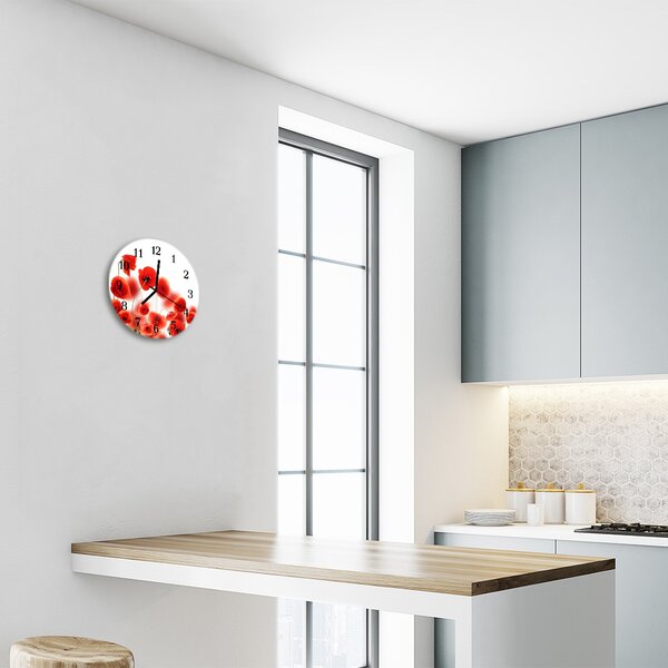 Ceas de perete din sticla rotund Maci Flori & Plante Red