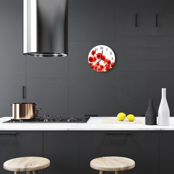 Ceas de perete din sticla rotund Maci Flori & Plante Red
