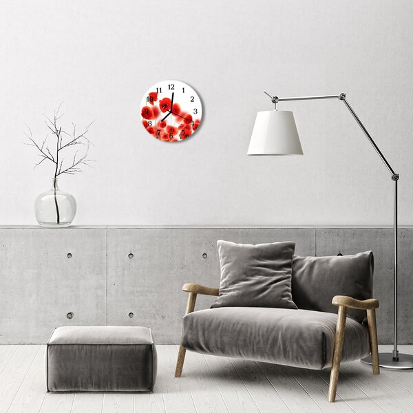Ceas de perete din sticla rotund Maci Flori & Plante Red