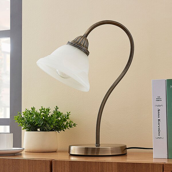 Lindby Mialina lampă de masă, 42 cm, alb, sticlă, metal, Bronz / Alamă Veche, Camera de zi / sufragerie, Sticlă