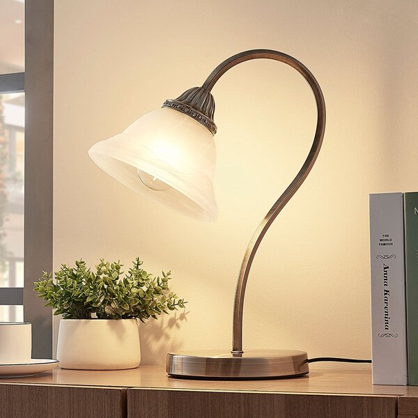 Lindby Mialina lampă de masă, 42 cm, alb, sticlă, metal, Bronz / Alamă Veche, Camera de zi / sufragerie, Sticlă