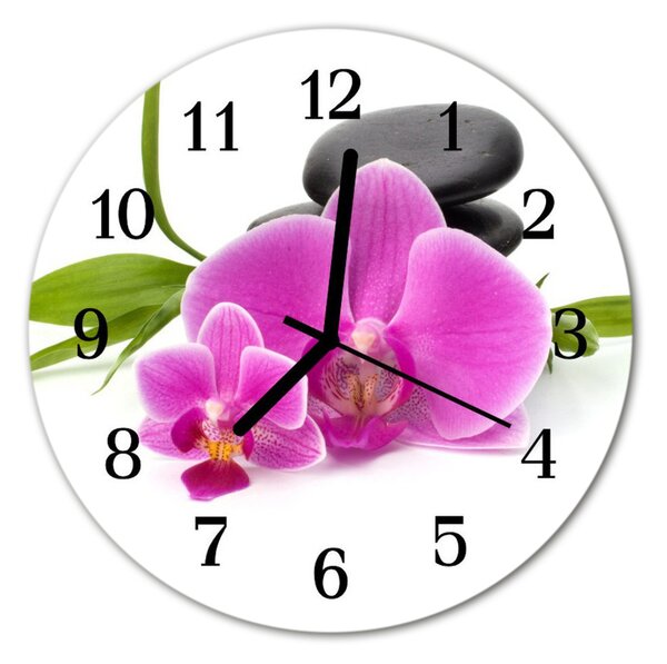 Ceas de perete din sticla rotund Orchid Flori și plante roz