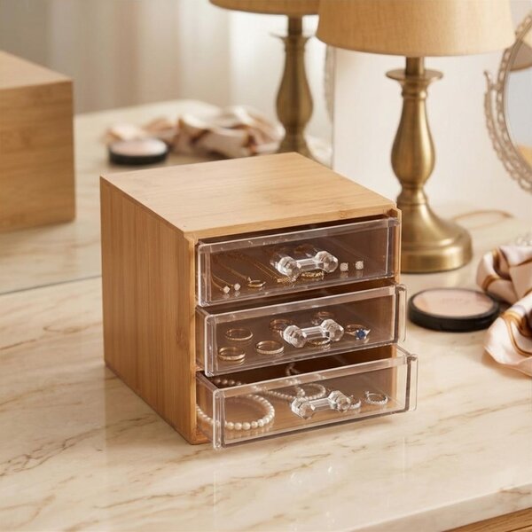Cutie din bambus pentru bijuterii și cosmetice, organizator cu 3 sertare transparente, 15.2x12.2x10.3 cm
