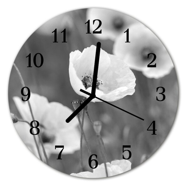 Ceas de perete din sticla rotund Maci Flori & Plante Black & White
