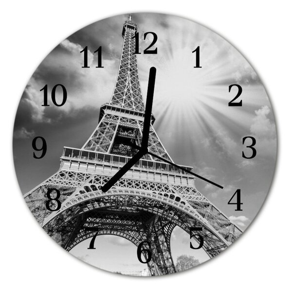 Ceas de perete din sticla rotund Turnul Eiffel din Paris Oras Black & White