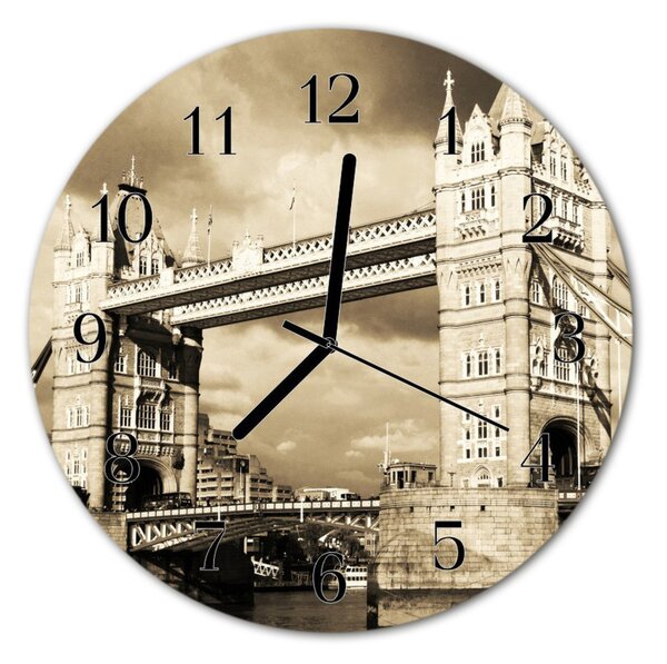Ceas de perete din sticla rotund Podul London City Sepia