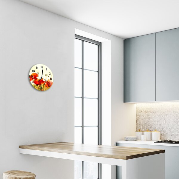 Ceas de perete din sticla rotund Maci Flori & Plante Red