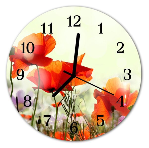 Ceas de perete din sticla rotund Maci Flori & Plante Red