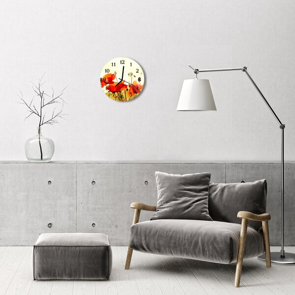Ceas de perete din sticla rotund Maci Flori & Plante Red