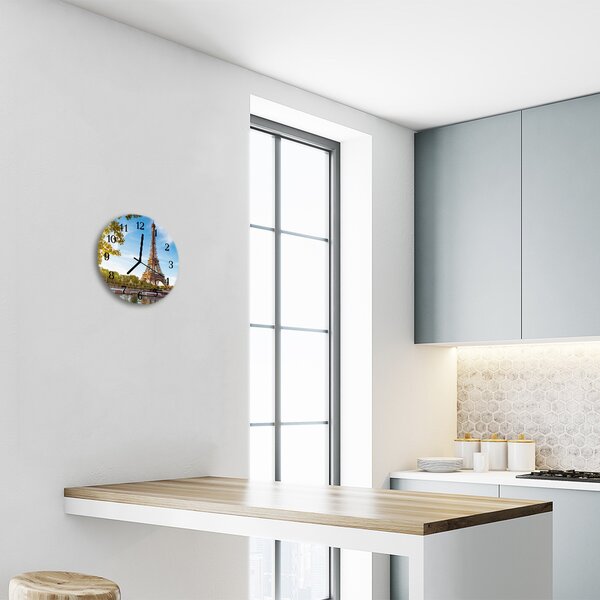 Ceas de perete din sticla rotund Turnul Eiffel Paris Brown City, Albastru