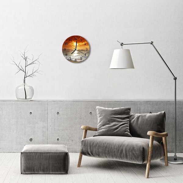 Ceas de perete din sticla rotund Sea Beach Peisaj Orange