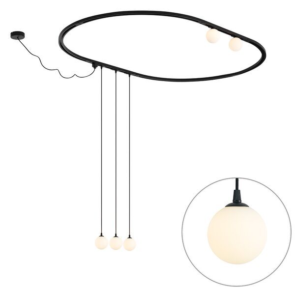 Sistem de iluminat pe șină oval modern negru cu 3 lămpi suspendate și 2 plafoniere albe monofazate - Iconic Perle
