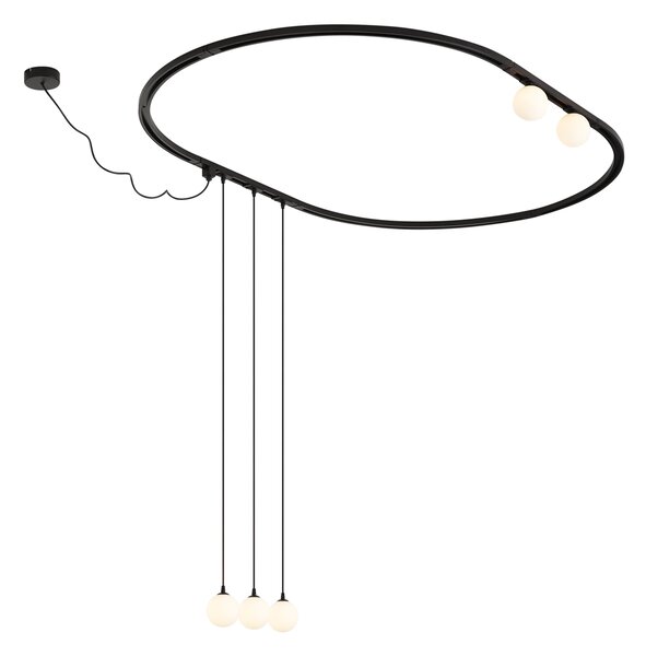 Sistem de iluminat pe șină oval modern negru cu 3 lămpi suspendate și 2 plafoniere albe monofazate - Iconic Perle