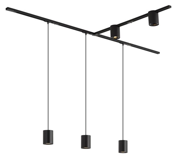 Sistem de iluminat pe șină modern negru cu 3 lămpi suspendate și 2 spoturi monofazate - Iconic Holt Rondoo Up