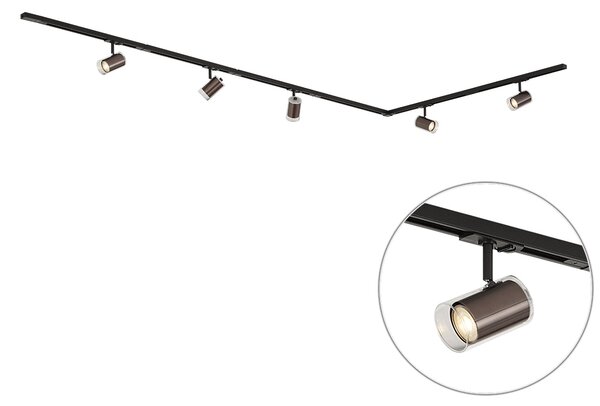 Sistem de iluminat pe șină modern negru cu 5 spoturi bronz închis monofazate - Iconic Lloyd