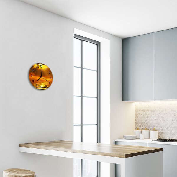 Ceas de perete din sticla rotund Sunset Natura Orange