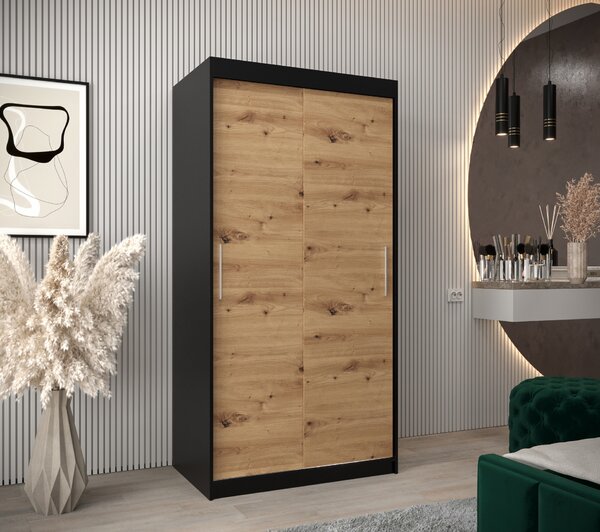 Dulap de haine 100 cm Toki (negru mat + stejar artisan). 1064795
