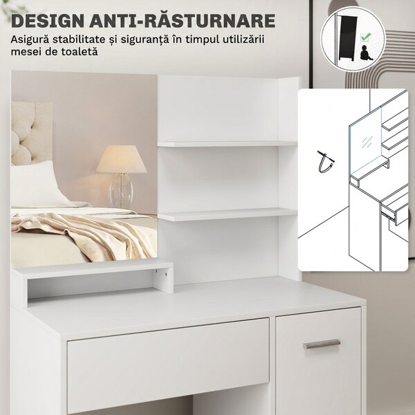 HOMCOM Masă de Toaletă cu Oglindă și Taburet, 80x40x132 cm, Alb | Aosom Romania