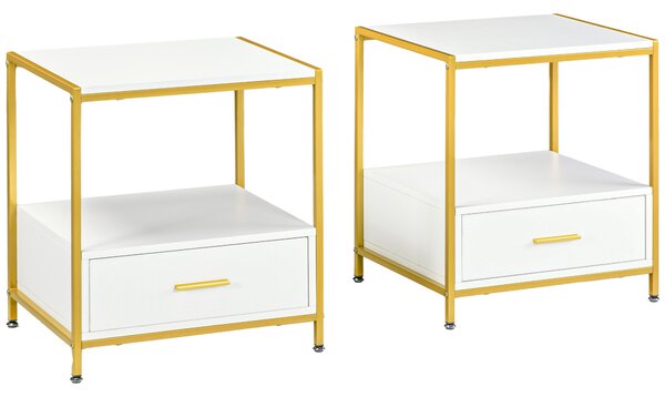 Set de 2 Masute Noptiere Moderne, Noptiere cu Sertar si Raft, Organizatoare de Depozitare, Alb si Auriu 50x40x55cm HOMCOM | Aosom Romania