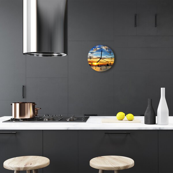 Ceas de perete din sticla rotund Sunset Natura Orange